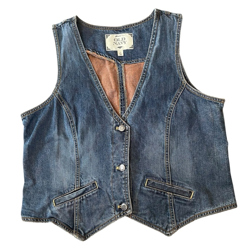 Old Navy Y2K Button Up Fitted Blue Boho Witchy Grunge Denim Jean Waistcoat Vest